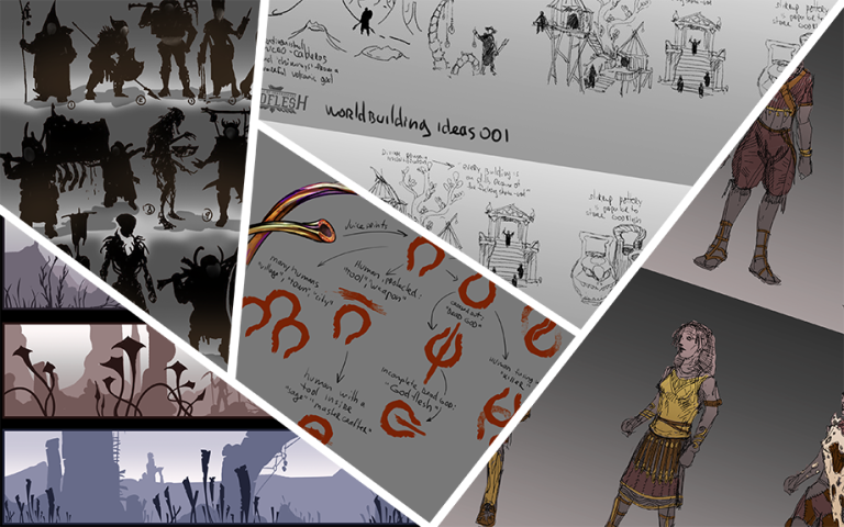 Concept art portfolio collage showing character silhouettes, worldbuilding sketches with handwritten design notes, and coloured character designs featuring fantasy-themed figures in medieval-inspired clothing against grey backgrounds.