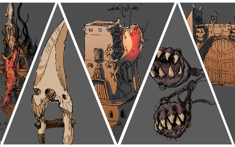 Fantasy concept art showing five diamond-shaped panels featuring various medieval and Middle Eastern-inspired architectural designs including burning towers, desert dwellings, and dark creature designs in warm brown and orange tones.
